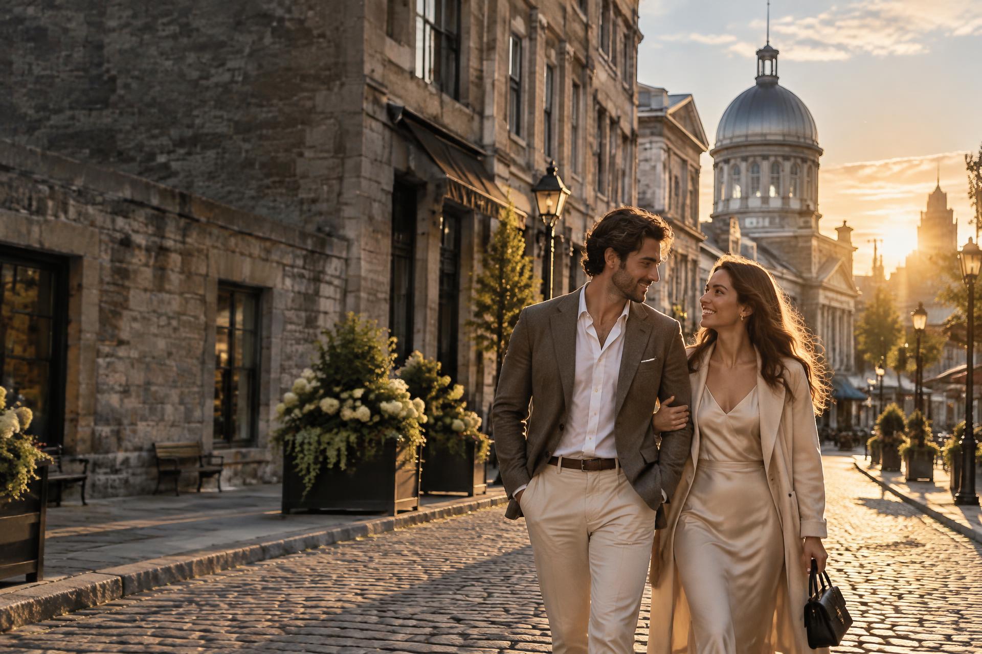 Couple walking through Old Montréal at golden hour